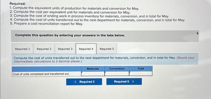 for materials and conversion for May. 2. Compute the cost per equivalent