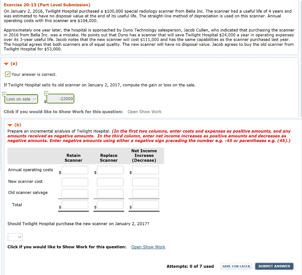Part (b) and "Should Twilight purchase the new scanner?" Exercise 20-13 (Part
