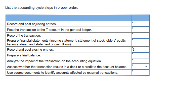  List the accounting cycle steps in proper order. Record and post
