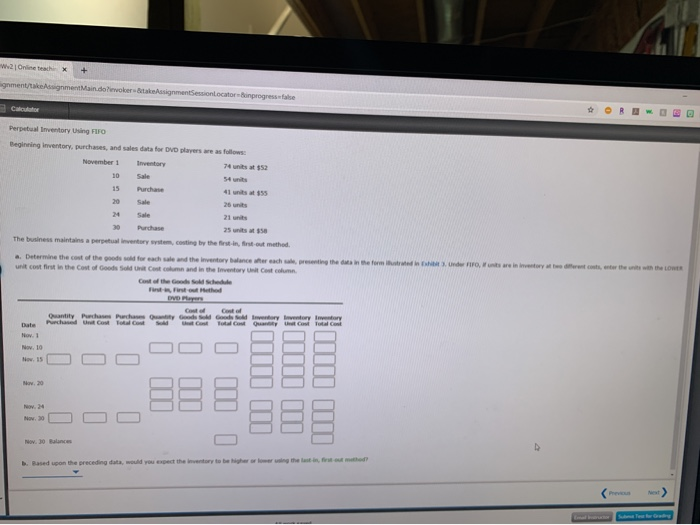 DVD players are as follows: November 1 Inventory 74 units at $52