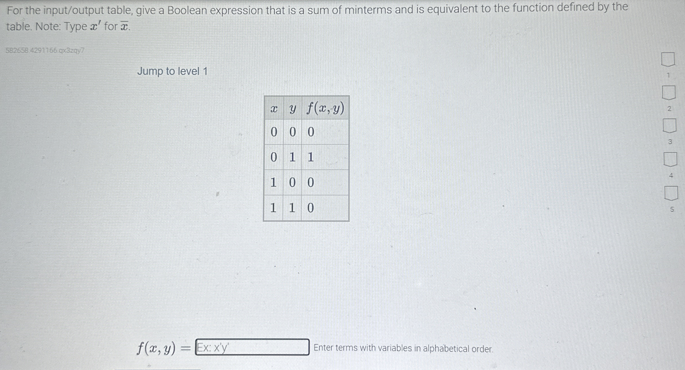  For the input/output table, give a Boolean expression that is a