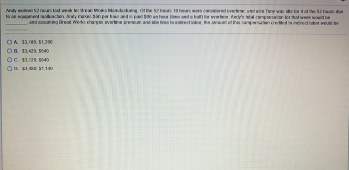  Andy worked 52 hours last week for Bread Works Manufacturing of
