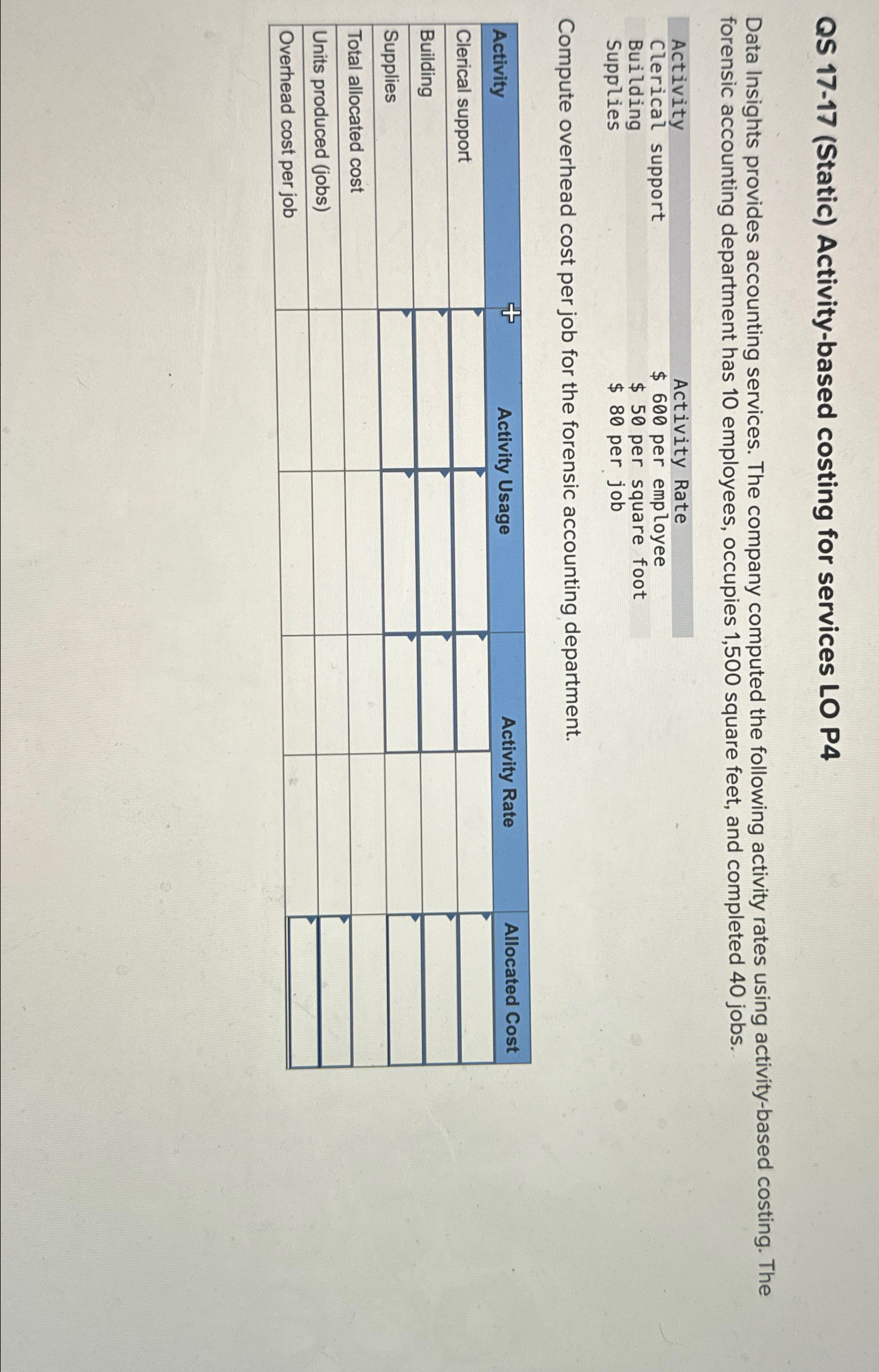  QS 17-17(Static) Activity-based costing for services LO P4 Data Insights provides