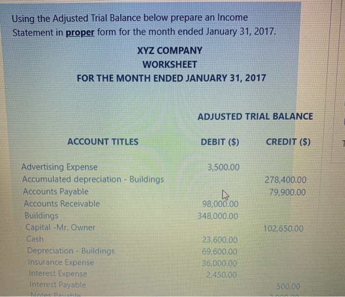  Using the Adjusted Trial Balance below prepare an Income Statement in