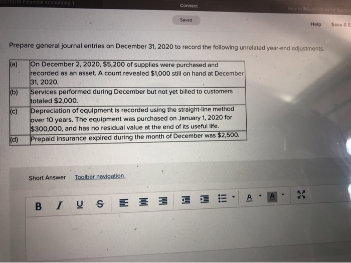  CG70016 Financial Accounting 1 Connect Saved Help Save & E Prepare