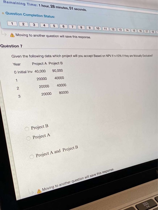  Remaining Time: 1 hour, 28 minutes, 51 seconds. Question Completion Status:
