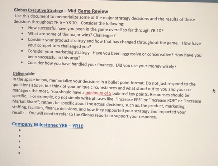  Globus Executive Strategy - Mid Game Review Use this document to