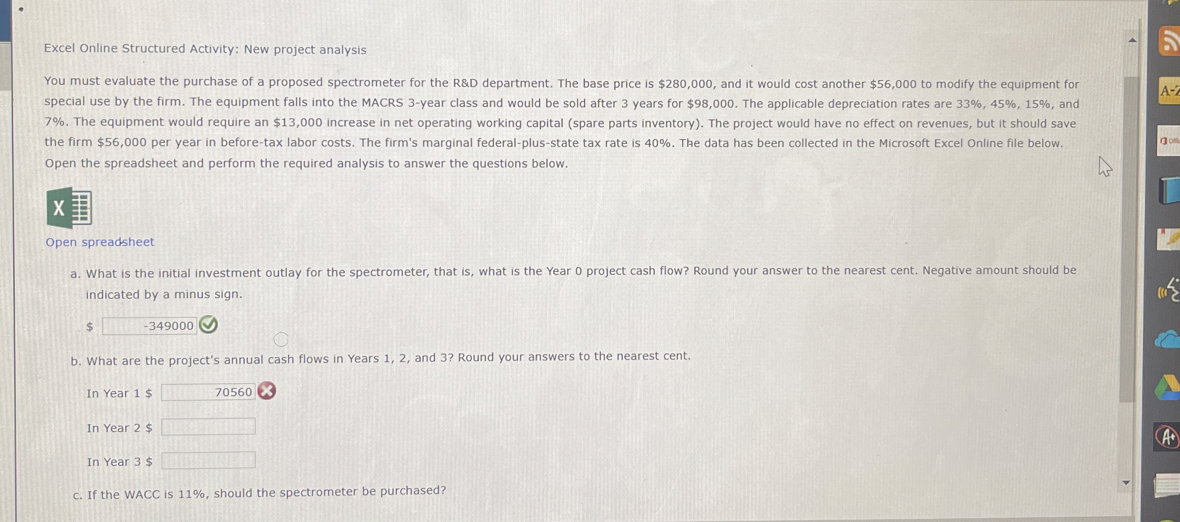  Excel Online Structured Activity: New project analysis You must evaluate the