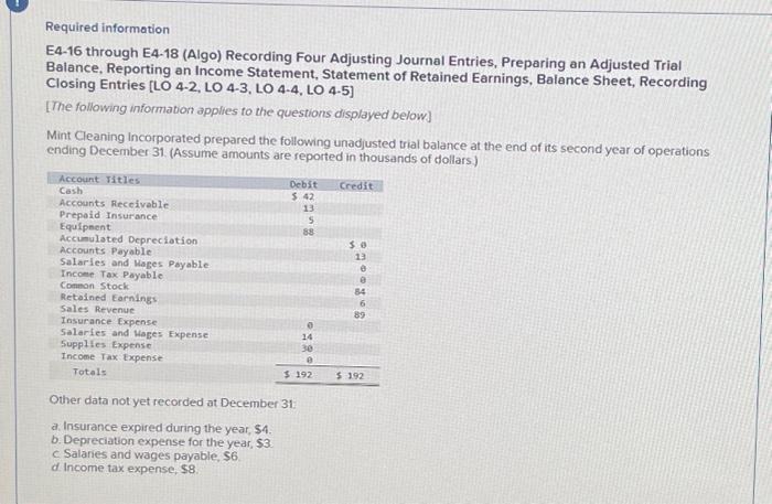  Required information E4-16 through E4-18 (Algo) Recording Four Adjusting Journal Entries,