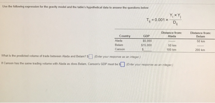  Use the following expression for the gravity model and the table's