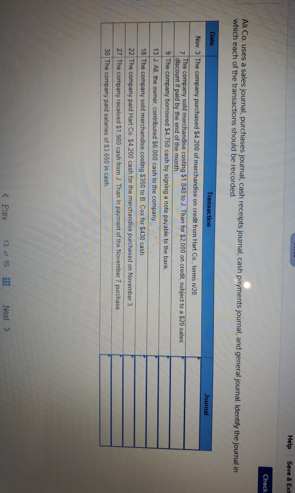 Help Save & Exit Check Ali Co. uses a sales journal,