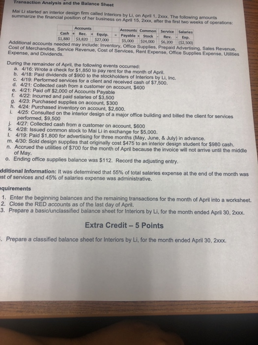  Transaction Analysis and the Balance Sheet Mai Li started an interior