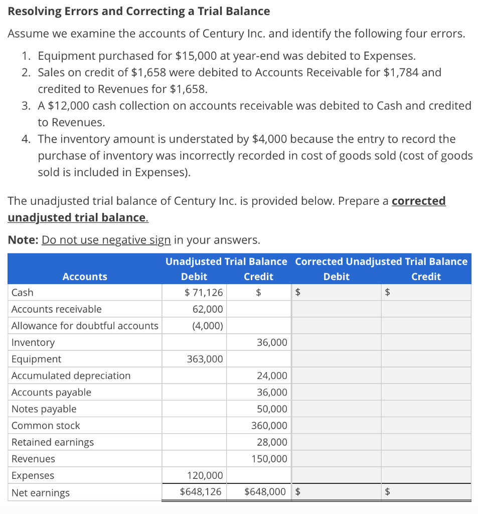  Resolving Errors and Correcting a Trial Balance Assume we examine the