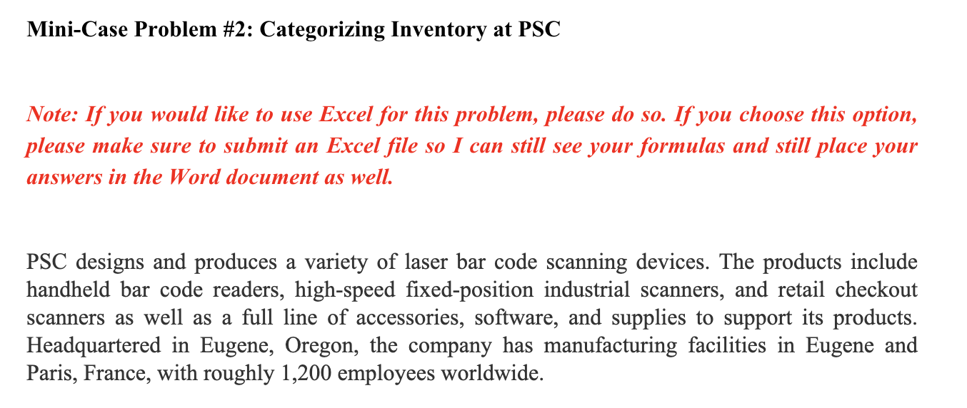  Mini-Case Problem \#2: Categorizing Inventory at PSC Note: If you would