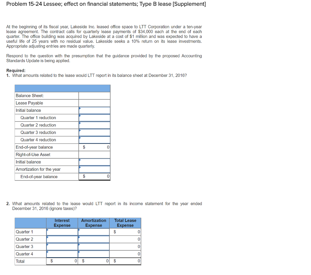  Problem 15-24 Lessee; effect on financial statements; Type B lease [Supplement]