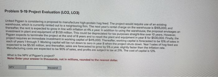  Problem 9-19 Project Evaluation (LO2, LO3) United Pigpen is considering a