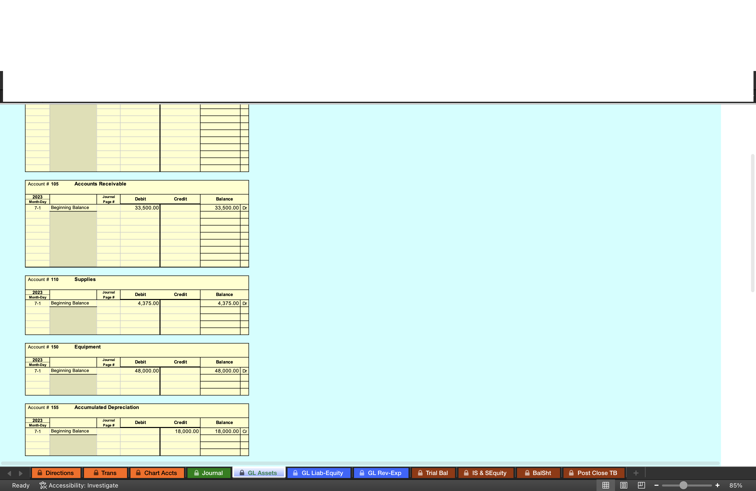 & Cash \\ \hline 100 & Accounts Receivable \\ \hline 105 &