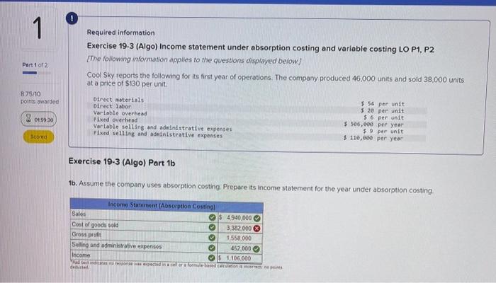  Required information Exercise 19.3 (Algo) Income statement under absorption costing and