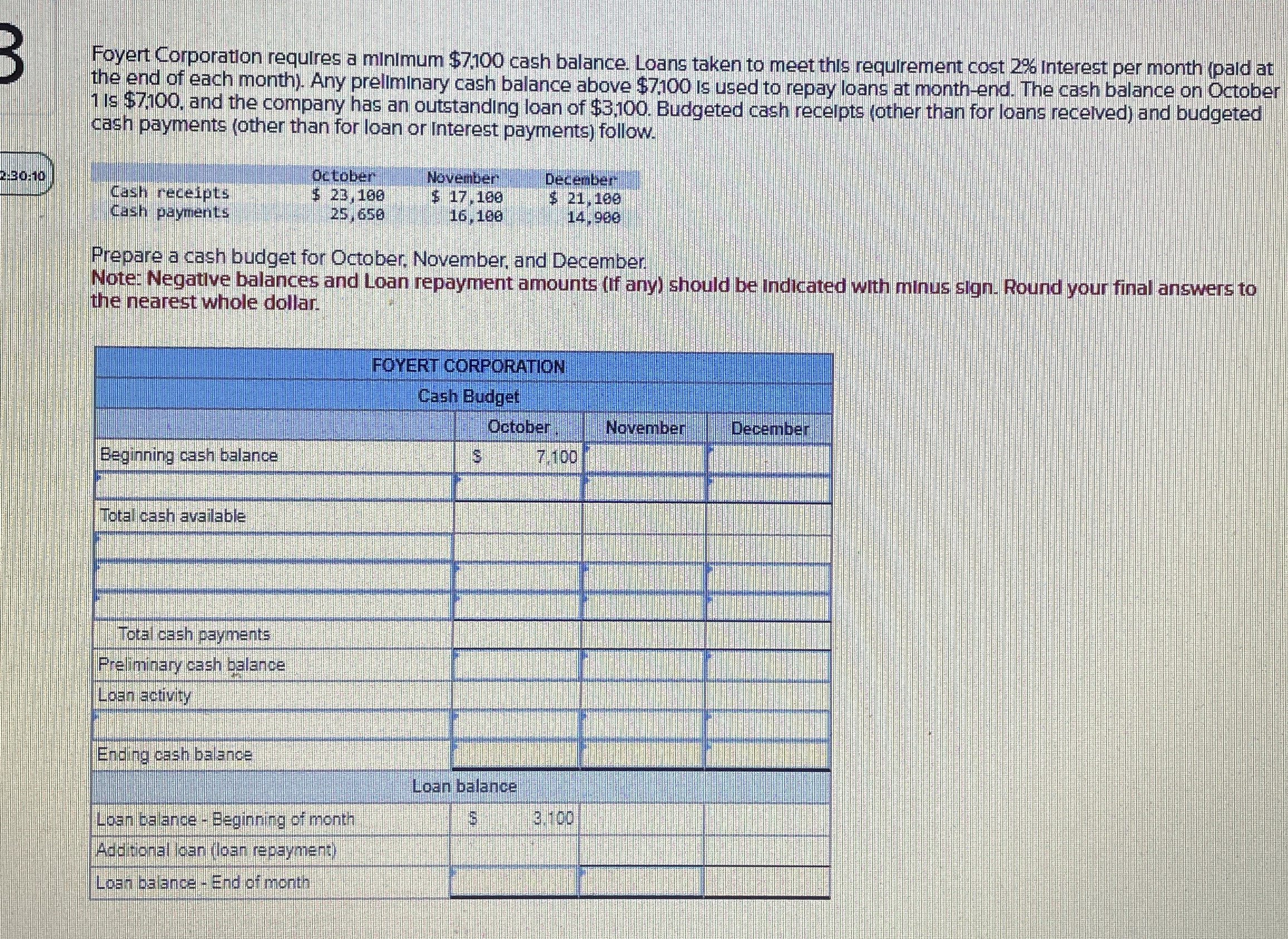  Foyert Corporation requires a minimum $7.00 cash balance. Loans taken to