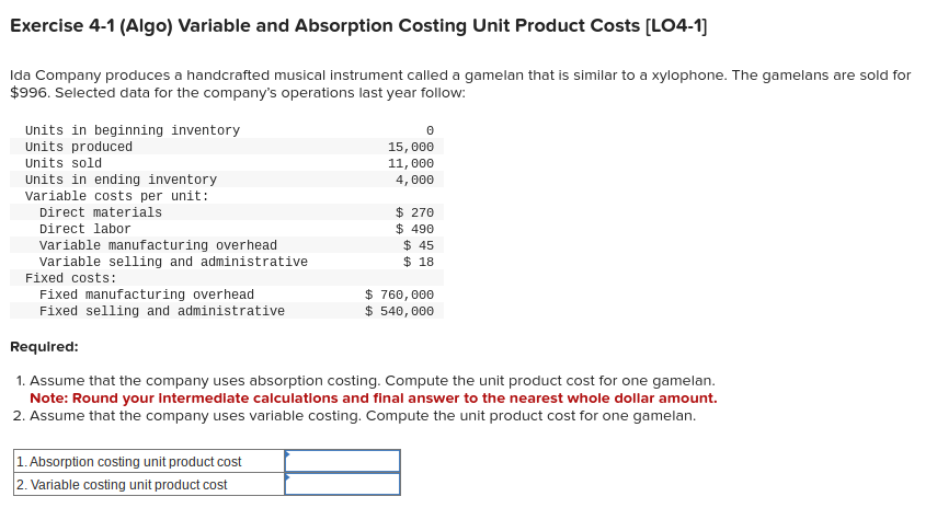  Exercise 4-1 (Algo) Variable and Absorption Costing Unit Product Costs [LO4-1]