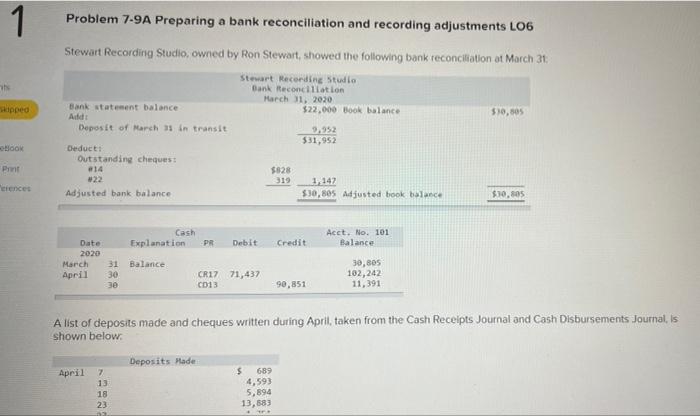  1 Problem 7-9A Preparing a bank reconciliation and recording adjustments LO6