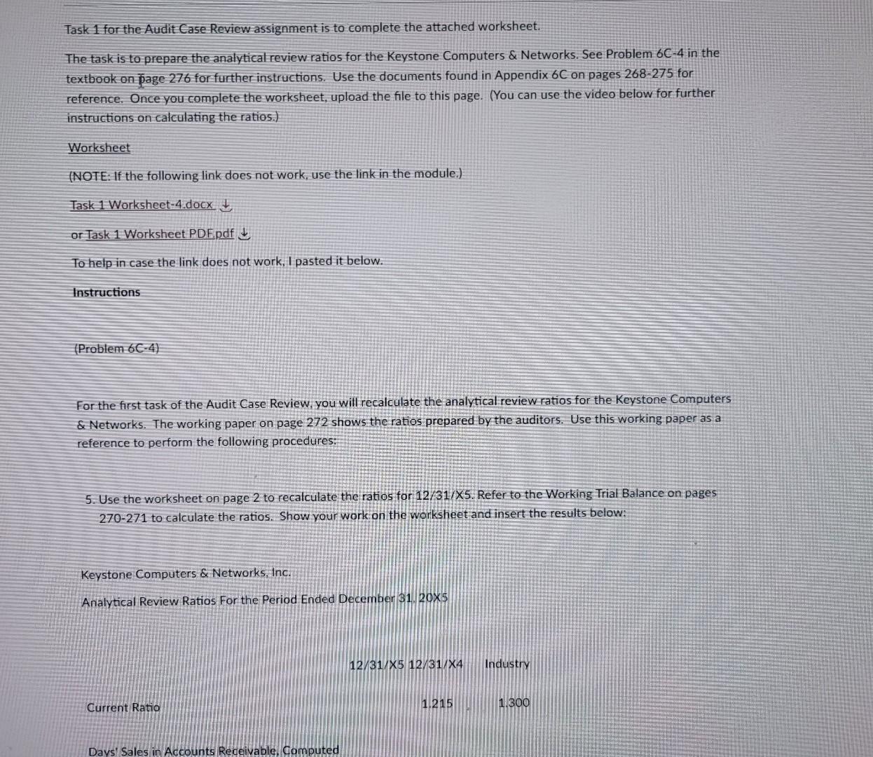 Task 1 for the Audit Case Review assignment is to complete