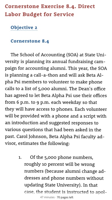  Cornerstone Exercise 8.4. Direct Labor Budget for Service Objective 2 Cornerstone