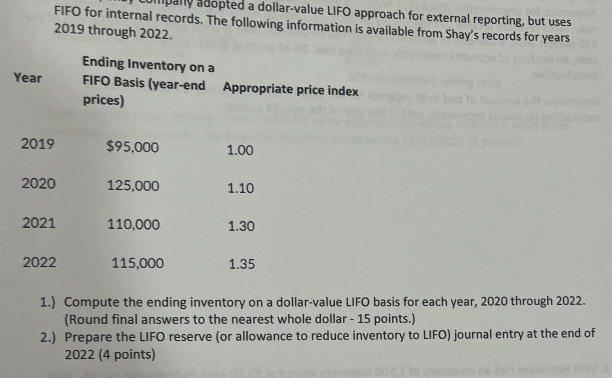  dopted a dollar-value LIFO approach for external reporting, but uses 2019