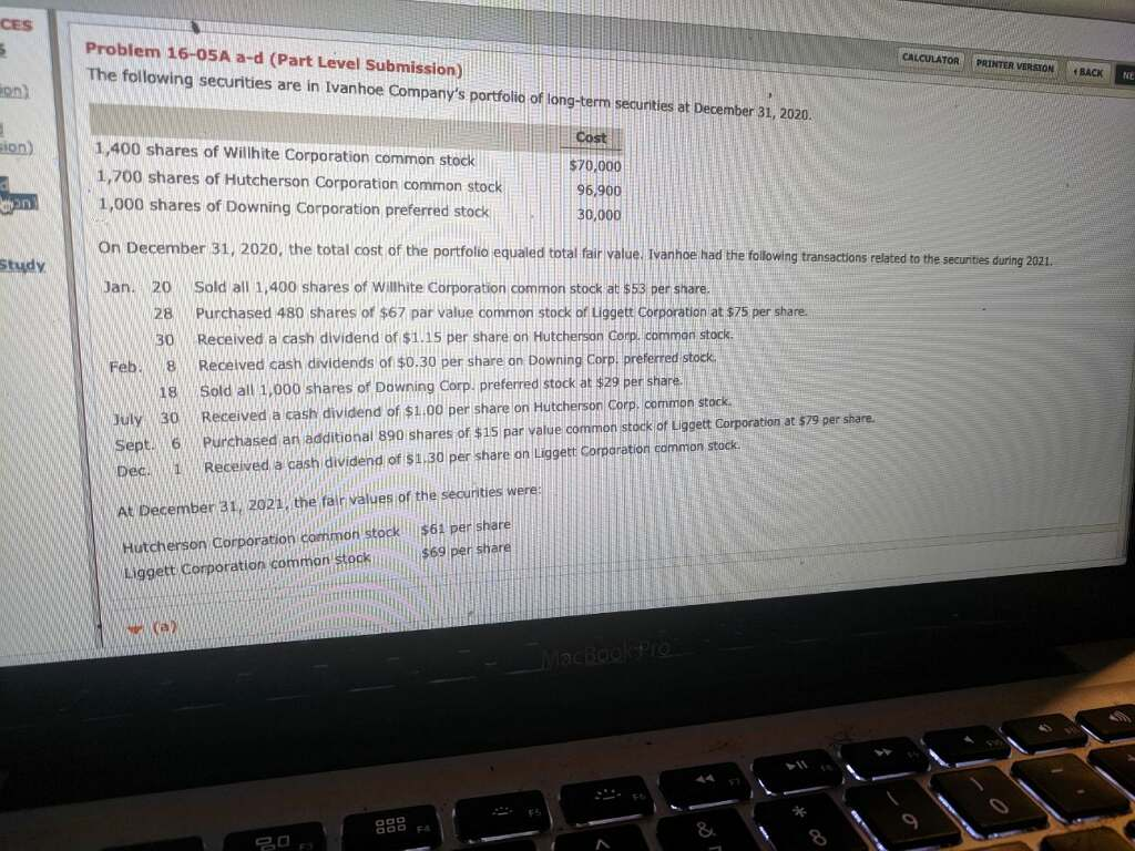  CES Problem 16-05A a-d (Part Level Submission) CALCULATOR PRINTER VERSTON The