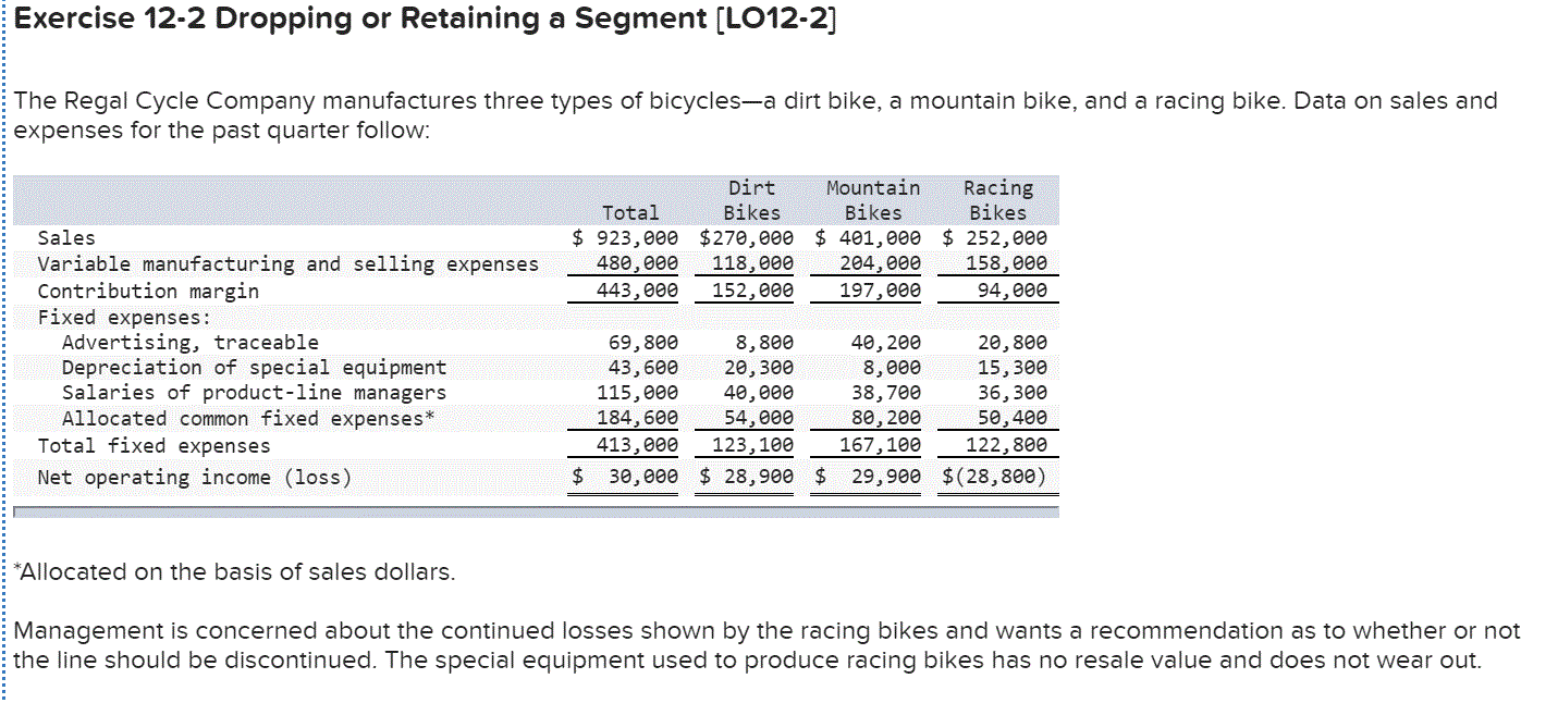  Exercise 12-2 Dropping or Retaining a Segment [LO12-2] The Regal Cycle