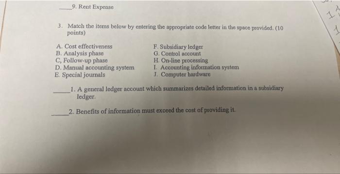  3. Match the items below by entering the appropriate code letter