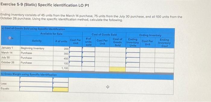  Exercise 5-9 (Static) Specific identification LO P1 Ending inventory consists of