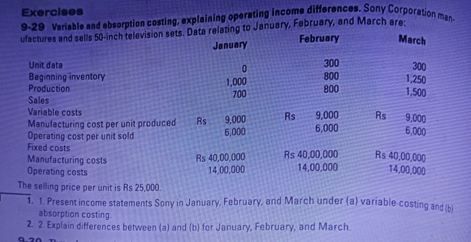 March 9-29 Variable and absorption costing, explaining operating income differences. Sony