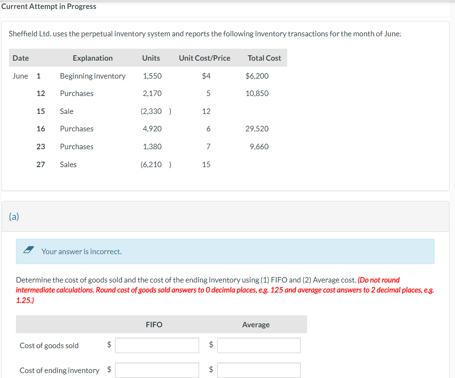 Current Attempt in Progress Sheffield Ltd. uses the perpetual inventory system