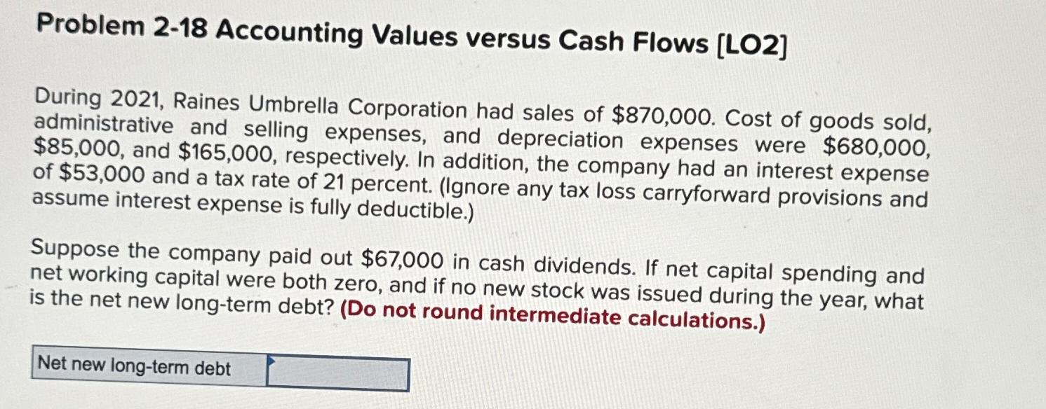  Problem 2-18 Accounting Values versus Cash Flows [LO2] During 2021, Raines