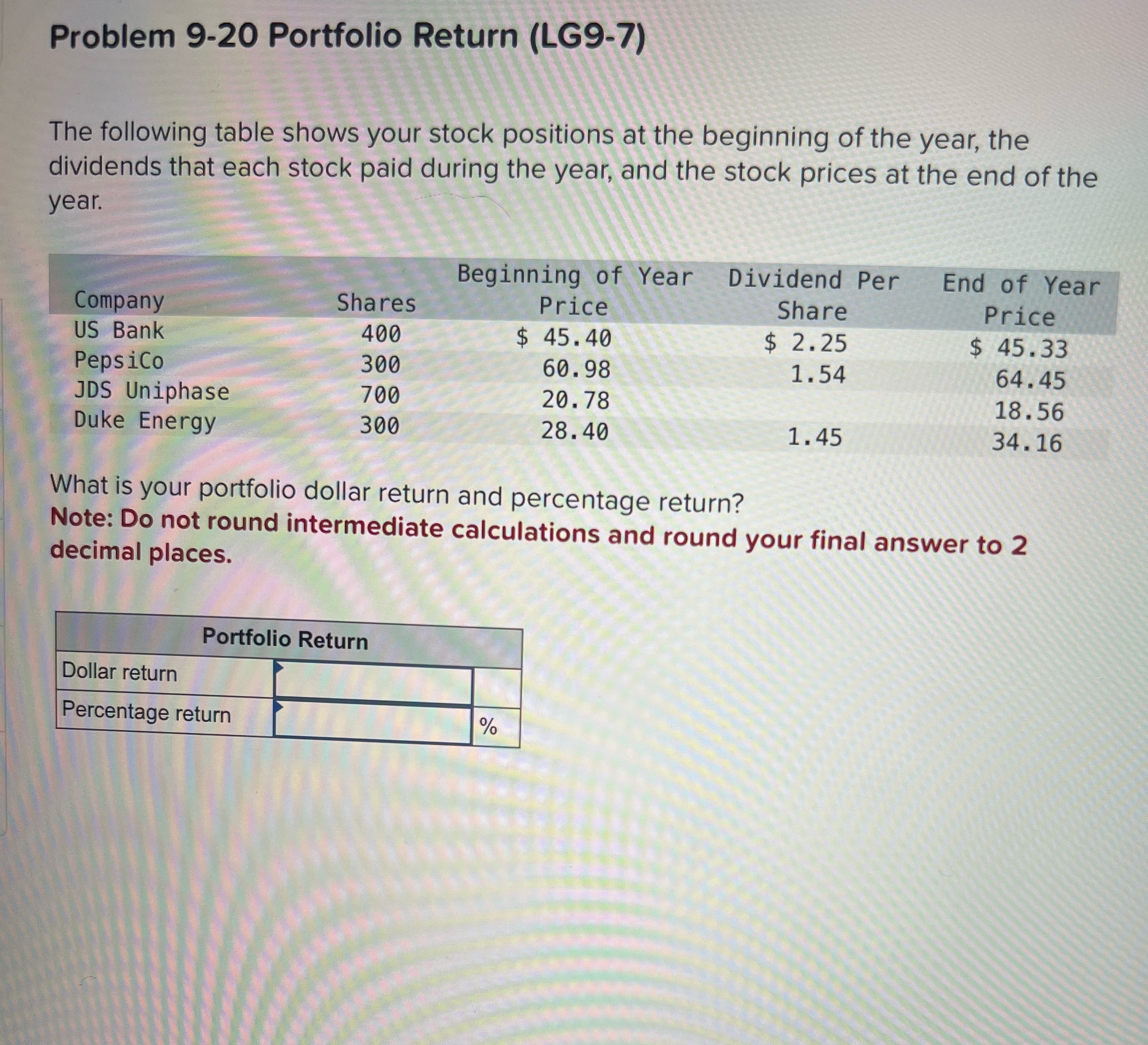  Problem 9-20 Portfolio Return (LG9-7) The following table shows your stock