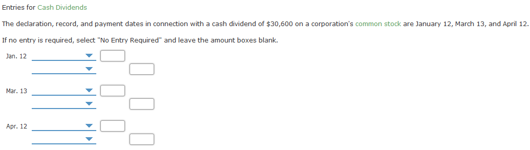 Entries for Cash Dividends The declaration, record, and payment dates in