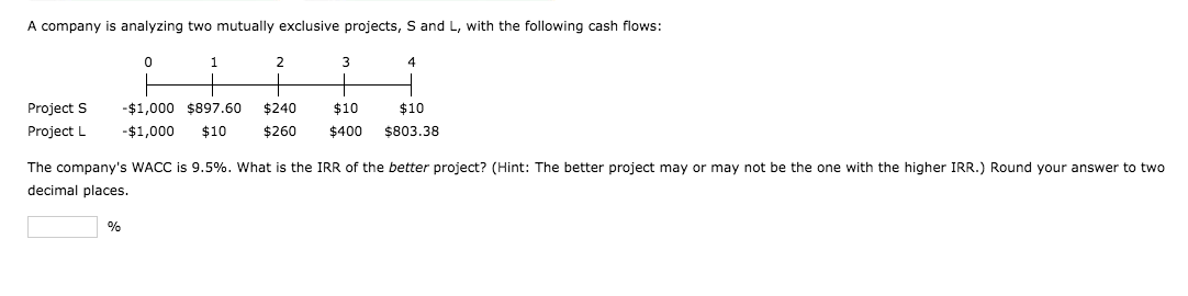 A company is analyzing two mutually exclusive projects, S and L,