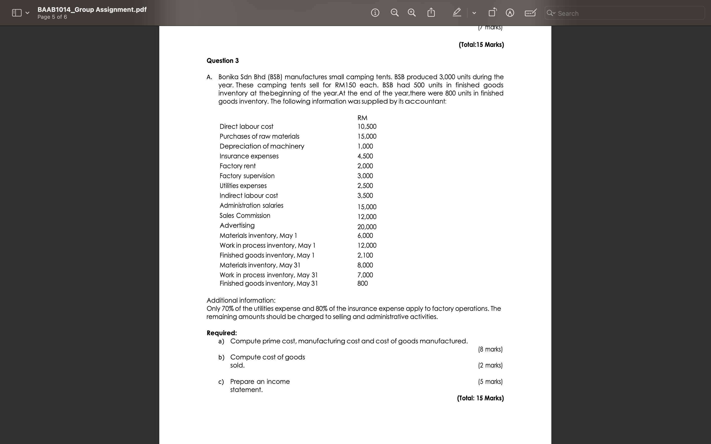  (Total:15 Marks) Question 3 A. Bonika Sdn Bhd (BSB) manufactures small