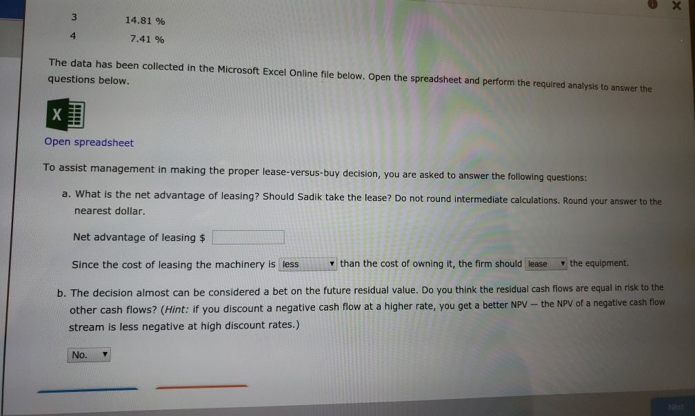 solve for it .please Excel Online Structured Activity: Lease versus Buy Sadik