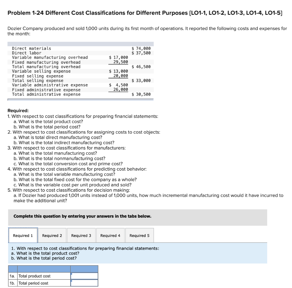 Problem 1-24 Different Cost Classifications for Different Purposes (LO1-1, LO1-2, LO1-3,