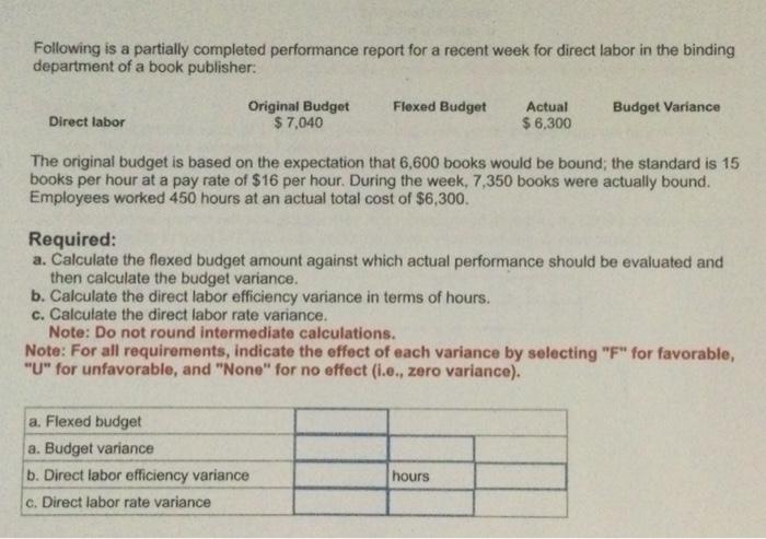 Following is a partially completed performance report for a recent week