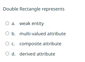  Double Rectangle represents a. weak entity b. multi-valued attribute c. composite