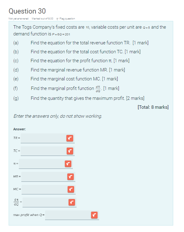  The Togs Company's fixed costs are 10, variable costs per unit