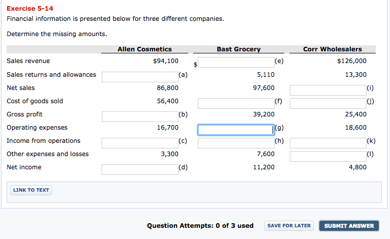 Exercise 5-14 Financial information is presented below for three different companies