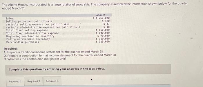  Prepare a contribution format income statement for the quarter ended March