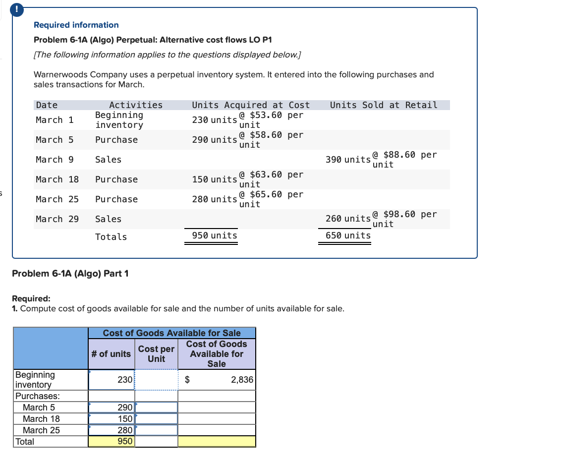  Required information Problem 6-1A (Algo) Perpetual: Alternative cost flows LO P1