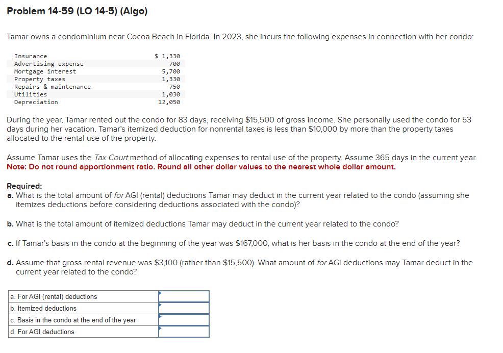 Problem 14-59(LO 14-5)(Algo) Tamar owns a condominium near Cocoa Beach in