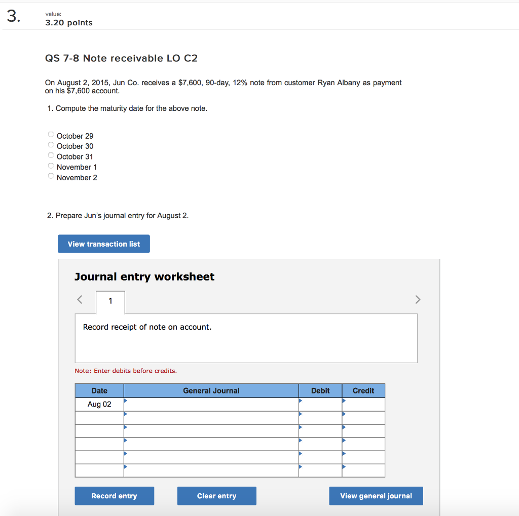 3 value: 3.20 points QS 7-8 Note receivable LO C2 On