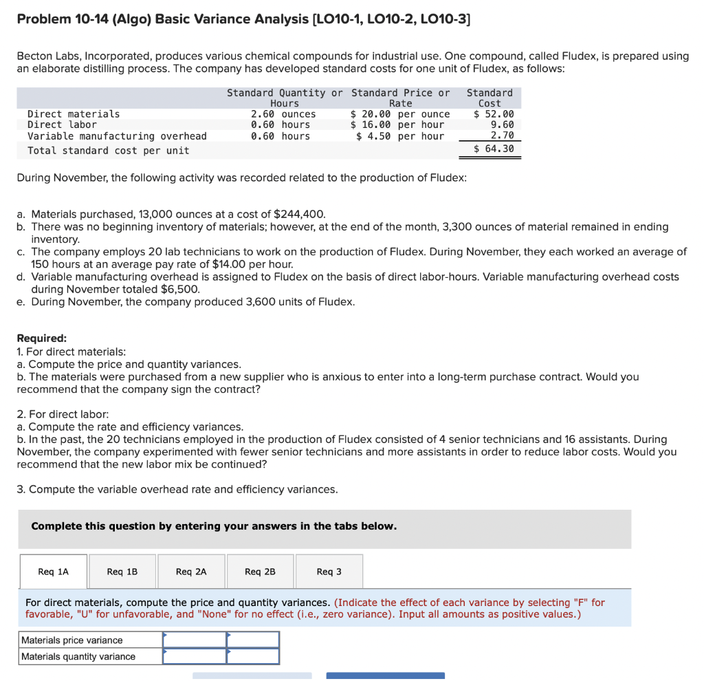  please do all the requirement Problem 10-14 (Algo) Basic Variance Analysis